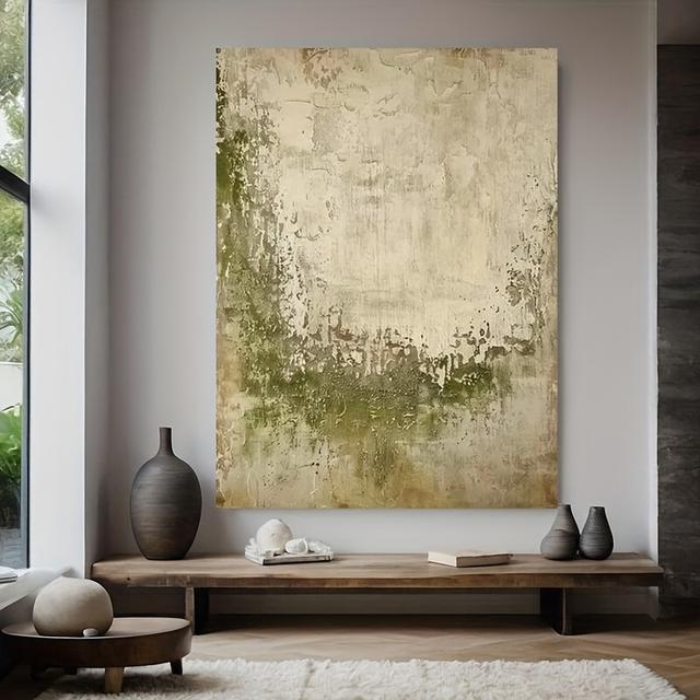TEMU Mhemyo Handmade Beige - Abstract Canvas Art - ديكور جداري كبير بنسيج أخضر وأبيض، ألوان محايدة، بدون إطار، ميزة منزلية حديثة، تصميم داخلي بسيط، ديكور مكتب