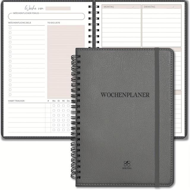 TEMU Wochenplaner von BIROYAL, mit einem hellgrauen Ledereinband mit Hardcover.