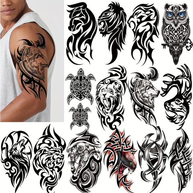TEMU 17pcs Tribal Animal Tattoo Stickers Lion Eagle Wolf Elk Owl Waterproof Temporary Tattoos Suitable For Men And Women