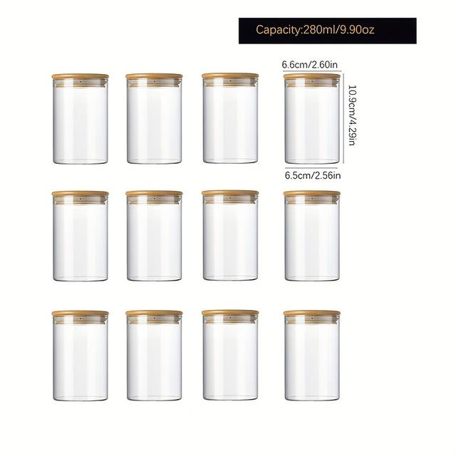 TEMU مجموعة من اثني عشر شفاف مستدير مع أغطية من الخيزران، مصنوعة من زجاج بوروسيليكات عالي الجودة، مناسبة لتخزين الحبوب والبن الكافيه والورق الشاي، بسعات 210 مل، 280 مل، و340 مل.