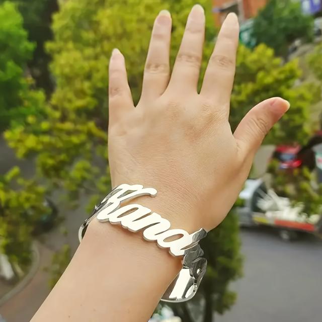 TEMU [สั่งทำ] สร้อยข้อมือปรับชื่อได้ สร้อยข้อมือสแตนเลสสตีลขนาดใหญ่สำหรับผู้หญิง ปรับขนาดได้