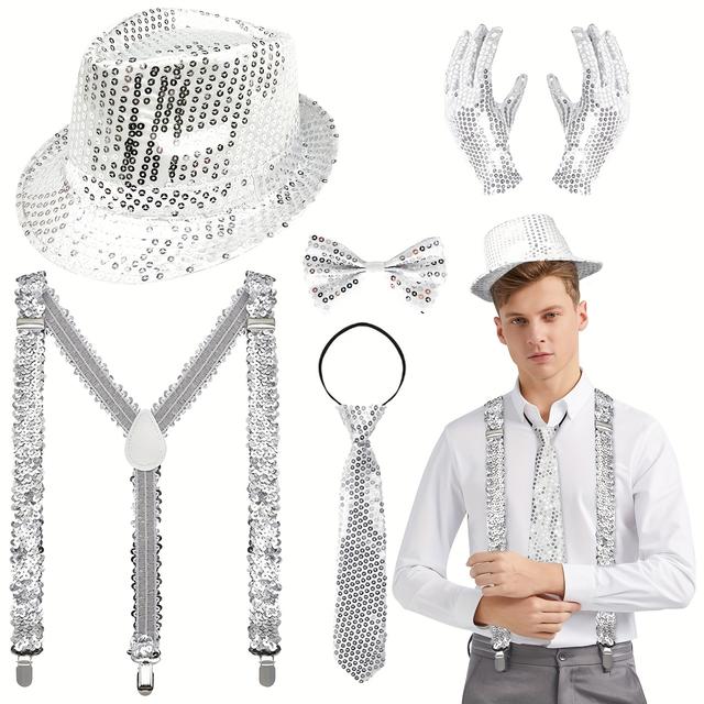 TEMU Costume pour homme, chemise pour homme, chapeau , accessoires de costume , nœud papillon en paillettes, cravate, gants pour costume de homme pour le An, fête de Mardi Gras