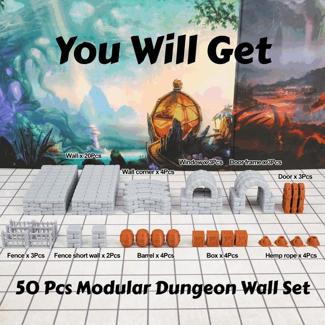 TEMU Trpdices 50pcs Modular Wall Set, 28mm Plastic Miniatures For D&d, Rpgs, And Tabletop Gaming - Includes Walls, Doors, Windows, And Decorative Accessories