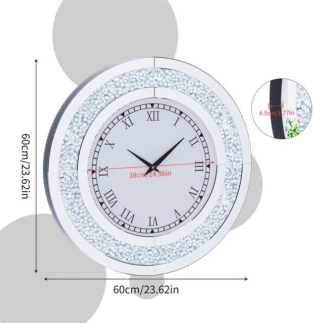 TEMU 60cm Round Mirror Clock Crushed Sparkling Mirrored Wall Clock For Home Office Decor 1pc