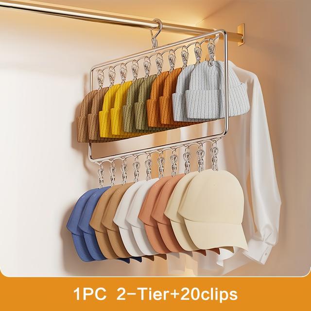 TEMU 1pc 2-tier Versatile Stainless Steel Hat Hanger Organizer With 20 Clips For Hats, Socks & Underwear - Closet Storage Hanger Perfect For Home And Dorm Storage, Laundry Accessories, Clothes Pins