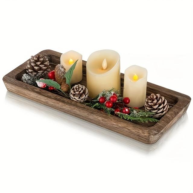 TEMU 1pc 15.7" Long Narrow Wood Tray Rustic Wooden Holders Decorative Rectangular Table Centerpieces For Living Room Farmhouse Pillar Stand Tea Light Table Decor, Non-food Contact