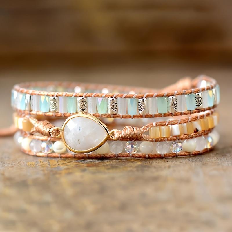 TEMU Böhmischer Mondstein gewebtes Armband für Frauen, Vintage Naturstein Modeschmuck, Geschenk für den täglichen Gebrauch, Boho-Stil, Ganzjahres-Accessoire