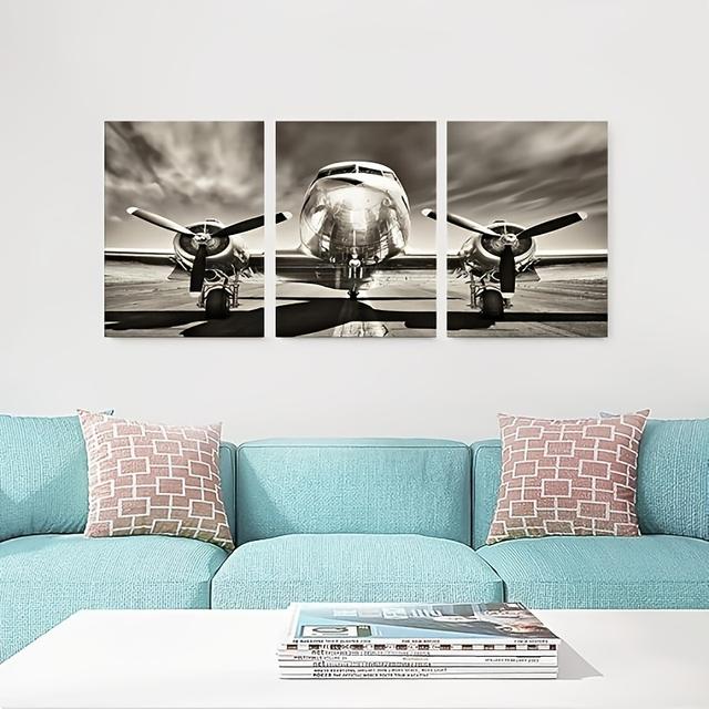 TEMU [] 3pcs Airplane Wall Art Vintage Black And White Propeller Aircraft Picture For Boy Room Home Office Decor Stretched And Framed Ready To Hang - 11.8in/30cm*15.7in/40cm*3pcs