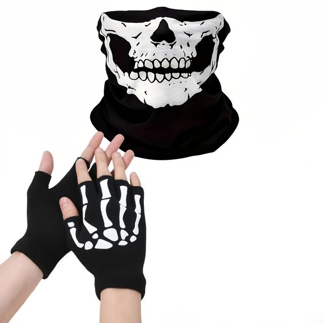 TEMU طقم قناع الهيكل العظمي: قناع للوجه + قفازات، وشاح واقي من بنقشة، غطاء رأس ومطرقة رأس مسامي، قبعة بالاكلا للتنسج في الشتاء، واقي من في الصيف، ركوب الدراجات النارية، في الهواء الطلق