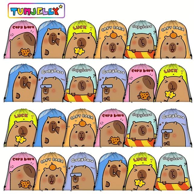 TEMU 캡이바라 테마 드로스트링 선물 가방 24개 대량 세트. 여름 파티, 헬스장, 여행용 보관에 적합.