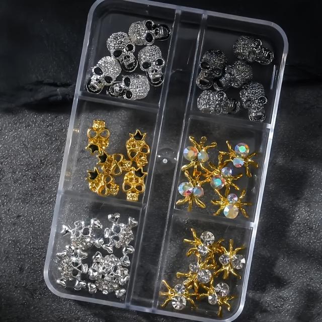 TEMU 30 db - Halloween sorozat, 3D ötvözet körömdíszek pók, szellemfej és egyéb strasszkő körömművészeti kiegészítőkkel, tökéletes Halloween körömdíszekhez