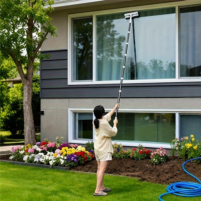 TEMU 315cm/124inch Extendable Window Cleaner With 180° Rotating Head, Silicone Squeegee, 8 Detachable Poles & 4 Washable Pads - Heavy-duty Manual Window Cleaning System