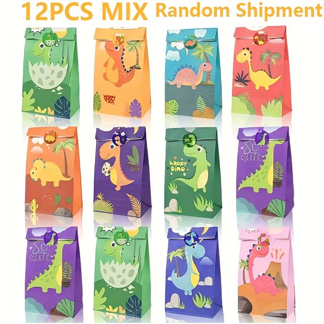 TEMU 12 bunte Dinosaurier-Papiertüten - 24x13x8cm, lustige Geschenkbeutel für junge Leute für Feiertage und Partys, Geburtstagsgeschenke, Einkaufstüten mit lustigen Designs, Geburtstagsdekorationen