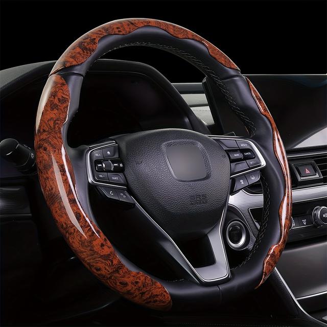 TEMU 3pcs Car Anti-slip Peach Wood Grain Leather Steering Wheel Cover, Universal Car Steering Wheel Cover, Glossy Buckle Steering Wheel Cover