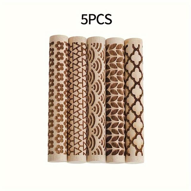 TEMU 5pcs Beech Wood Embossed Rolling Pin Carving Pattern Printing Rolling Dough Tool Pottery Handmade Printing Tool Handmade Embossed Rolling Pin Dough Embossing Tool