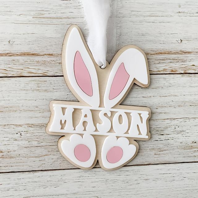 TEMU [2d Flat] Custom Engraved Wooden Easter Bunny Ear Ornaments - Personalized Name Tags For Holiday Baskets, Gift Wrapping, And Spring Decorations. Finials And Seasonal Touches