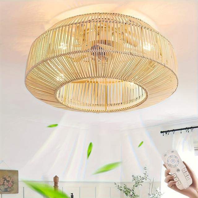 TEMU Ventilador de Techo Estilo Bohemio 20". Montaje Empotrado, Diseño en Ratán con Control Remoto, 6 Velocidades – Ideal para Dormitorios, Salas y Cocinas (Bombilla No Incluida)