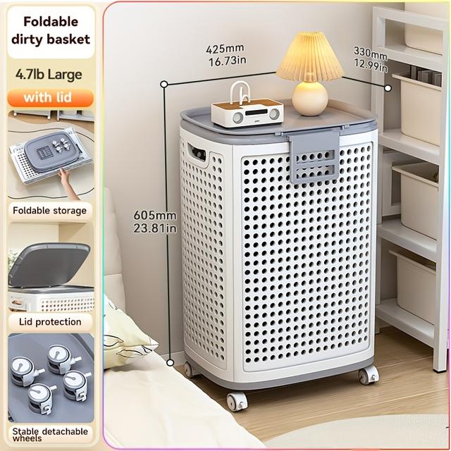TEMU 1pc Foldable Medium/large White Laundry Baskets With Lid, White, Multi-functional Portable Dirty Clothes Hamper With Wheels For Bathroom & Balcony Storage, Laundry Baskets