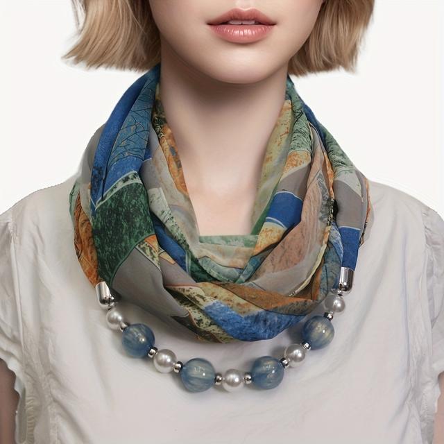 TEMU 3-loop Round Bead Chain Decorative Scarf, Chiffon Breathable Skin-friendly Printed Scarf, Elegant And Scarf