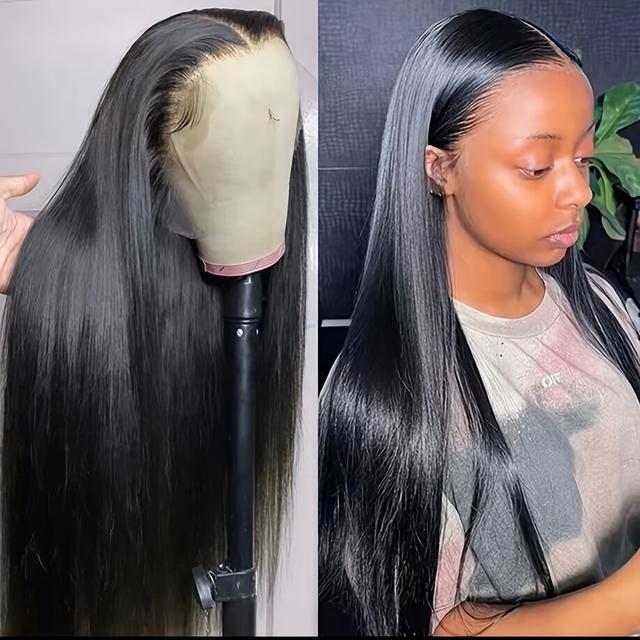 TEMU Vearda 13x4 Lace Front Wig, Tang Long Fiber, 100% Synthetic, Unisex Adult Basics Style, 180% Density Straight Hair, Natural Black High Temperature Wig