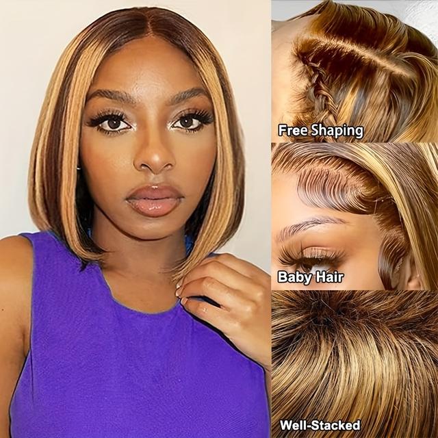 TEMU Highlight 4/27 Bob Wig Human Hair 13x4 Lace Front Wig Straight Hair With Baby Hair 4/27 Honey Blonde Bob Wig For Women Glueless Straight Bob Wig 10 Inch 180% Density