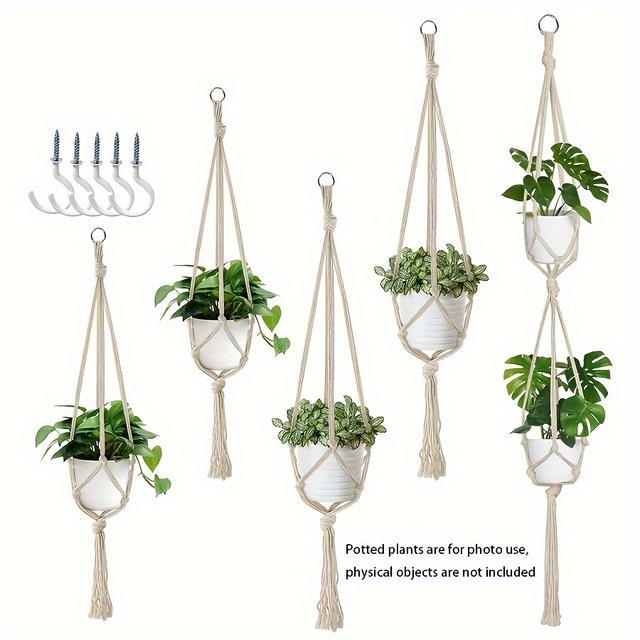 TEMU 5-teiliges Makramee-Pflanzenhänger-Set mit 5 Haken, handgewebte Bohemian-Pflanzenhänger, Innen- Außen-Pflanzenhalter, 3 verschiedene Größen für Pflanzenhänger zur Wohnungsdekoration