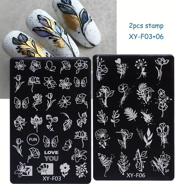 TEMU Dos placas de estampado para uñas con diseño floral de , verano y otoño XY-F03+06