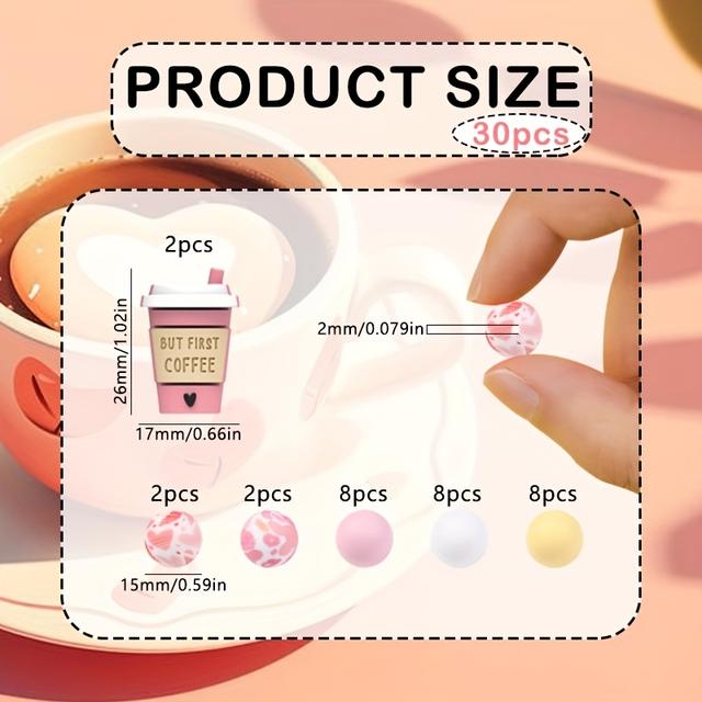 TEMU 30 Stück 3D Rosa Kaffeetassen-Silikonperlen, Herzförmiges Buchstaben-Design, für DIY-Bastelarbeiten, Schmuckherstellung, Perlestifte & Taschenanhänger - Perlenzubehör