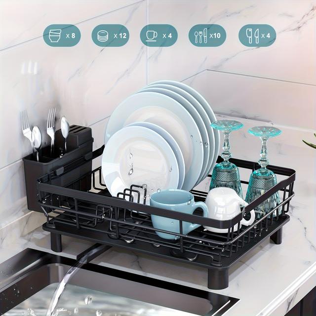 TEMU Dish Drying Rack With Dish Drainers For Kitchen Counter Sink Adjustable Spout Dish Strainers With Utensil Holder And Knife Slots, Black