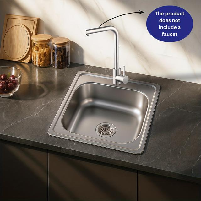 TEMU 38.5×38.5cm Stainless Steel Kitchen Sink - Single Bowl With Overflow, Rounded Corners, And Complete Drainage Kit, Contemporary Design, Highquality Metal, Apartment Living, Modern Homeowners