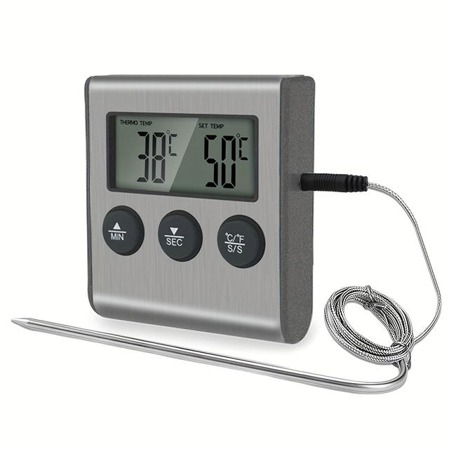 TEMU Digital Food Meat Thermometer For Oven Kitchen Cooking Bbq Grill Thermometer Clock Timer With Stainless Steel Temperature Wired Probe