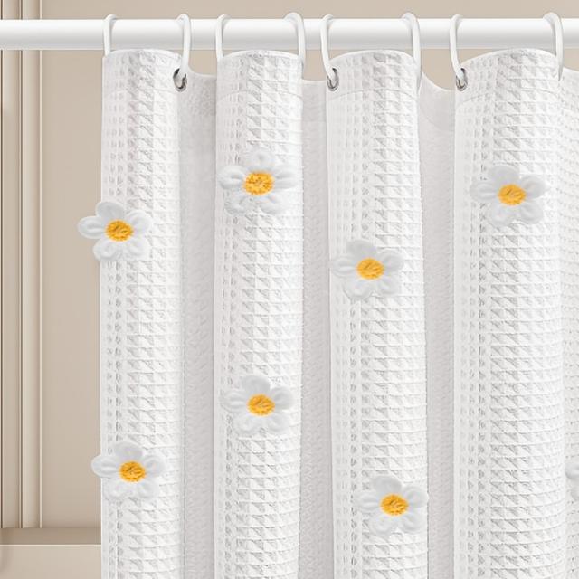 TEMU 1 Cortina de Chuveiro Espessa com Bordado de Flores em Waffle, Tecido de Poliéster, Cortina de Decoração para Casa, Cortina de Casa de Banho com 12 Ganchos