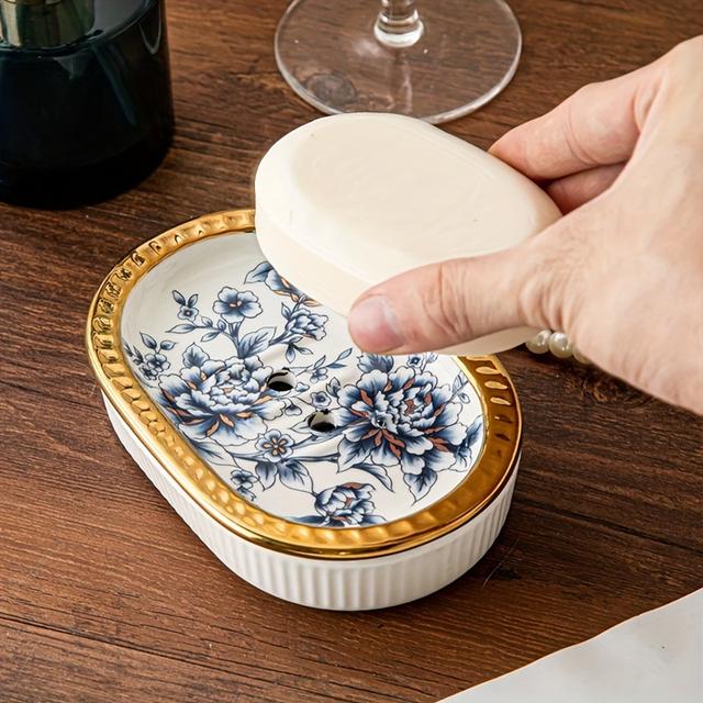 TEMU Elegant Ceramic Soap Dish With A Double-layer Drainage Design, Perfect For The Bathroom, Featuring A Stylish American That Prevents Water