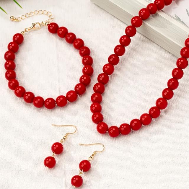 TEMU Stílusos Vintage Piros Kézzel Készített Gyöngyös Fülbevaló, Karkötő és Nyaklánc Szettek Mindennapi Viselethez vagy Partikhoz - Ajándék Anyának vagy Szeretteinek