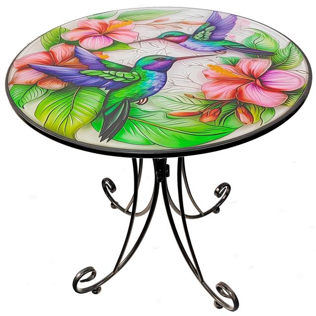 TEMU Jfrising Round Metal Outdoor/indoor Table With Hummingbird & Flower Pattern Top - -base Accent Table, Heavy-duty For Patio, Balcony, Garden - Assembly, Space-saving (suitable For Poolside,)