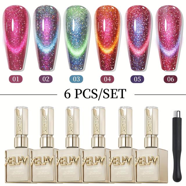 TEMU Macskaszem Körömlakk Készlet 6 Szín 15ml Fényvisszaverő Macskaszem Mágneses Körömzselé Áztató LED Zselé Szalon Női Körömdesign Eszközök Divatos Holografikus Körömdesign