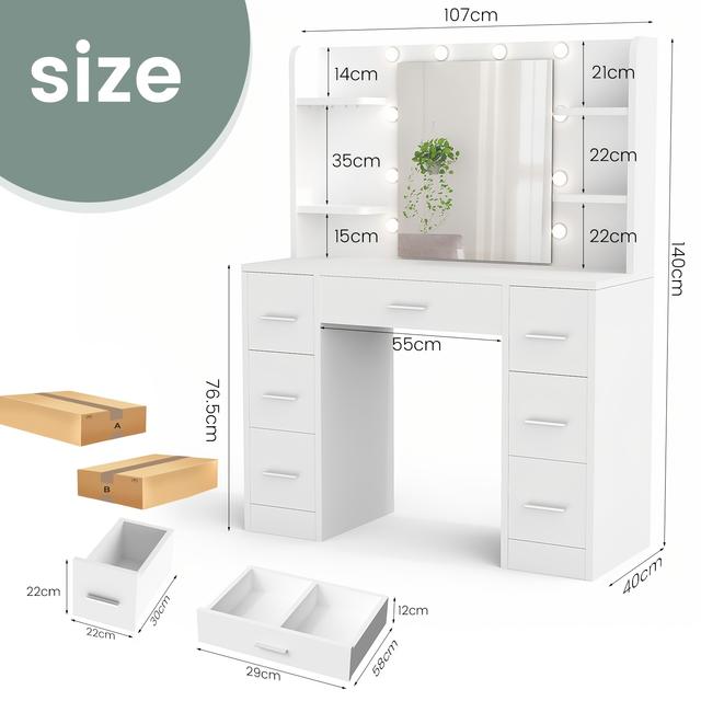 TEMU 10-bulb Dressing Table With Large Hd Mirror | White Vanity Desk With 1 Large Drawer And 6 Small Drawer Cabinets, Powered, Adjustable Brightness, 7 Open Storage Areas, Contemporary Style