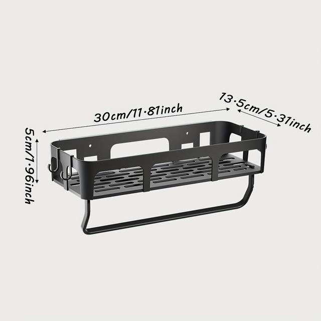 TEMU 1pc Black Wall-mounted Kitchen Storage Rack | Easy No-drill Installation, Plastic, With Towel Rack And Spice Holder, Overhead Hanging Shelf For Kitchen Organization, Utility Racks