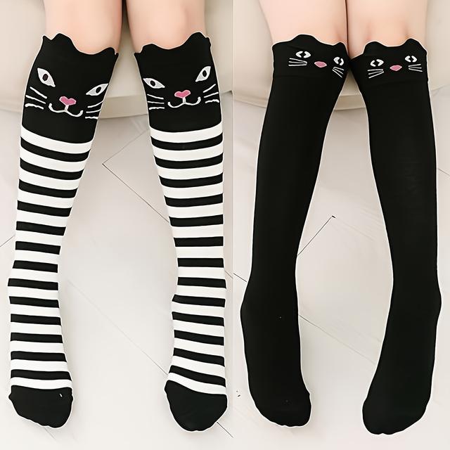 TEMU 2 Paare Mädchen Niedliche Kitten Gestreifte Kniehosensocken, Mädchen Weiche Und Bequeme Über Den Knien Kniehosensocken Für Lässiges Tägliches
