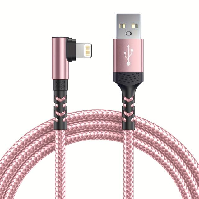 TEMU 90 Degree Right Angle Fast Charging Cable, Nylon Braided Anti Winding, For Iphone 14/13/12/11pro Max/xs/xr/8/7/6/ipad Data Synchronization Cable