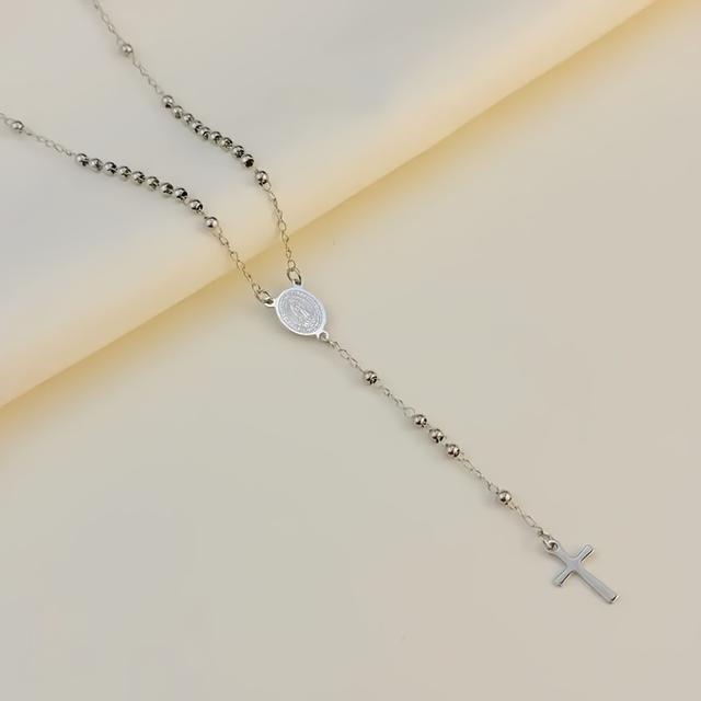 TEMU 1 Stück Modischer Rosenkranz für Damen - Vintage-Stil Edelstahl Design, Kreuzanhänger, Zarte Kette. Ideal für Casual-Looks, perfektes Geschenk, Schmuckaccessoire