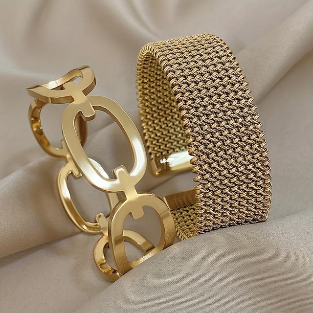 TEMU 2pcs Elegant 316l Stainless Steel Bracelet Set - Fashionable Hollow Ring Design, Golden-tone Finish, Perfect Gift For Family, & | Suitable For Casual Wear Or Special Occasions