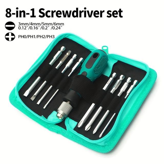 TEMU 1 Set Of 8+1 Magnetic Screwdriver Kit, Phillips/slotted Heads, Chrome Vanadium Steel Material, Durable Portable Manual Tool Set For Home Use