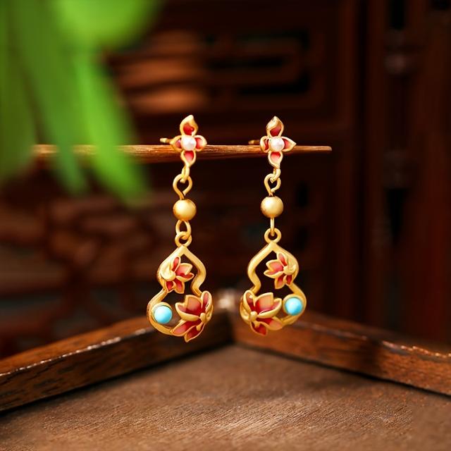TEMU 1-pair ' Vintage Floral Gourd Earring Studs - Botanical Seed & (gourd) Design, Suitable For Daily Wear & Vacation