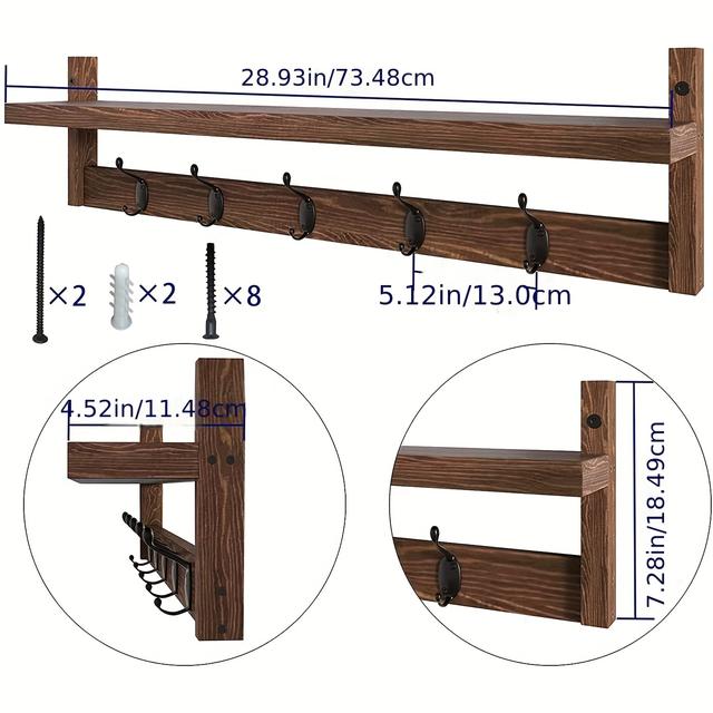 TEMU A Wall-mounted Wooden Coat Rack With Hooks, Designed To And , Suitable For Hanging Coats, Hats, And Bags In Places Like The Living Room, Bathroom, And Bedroom