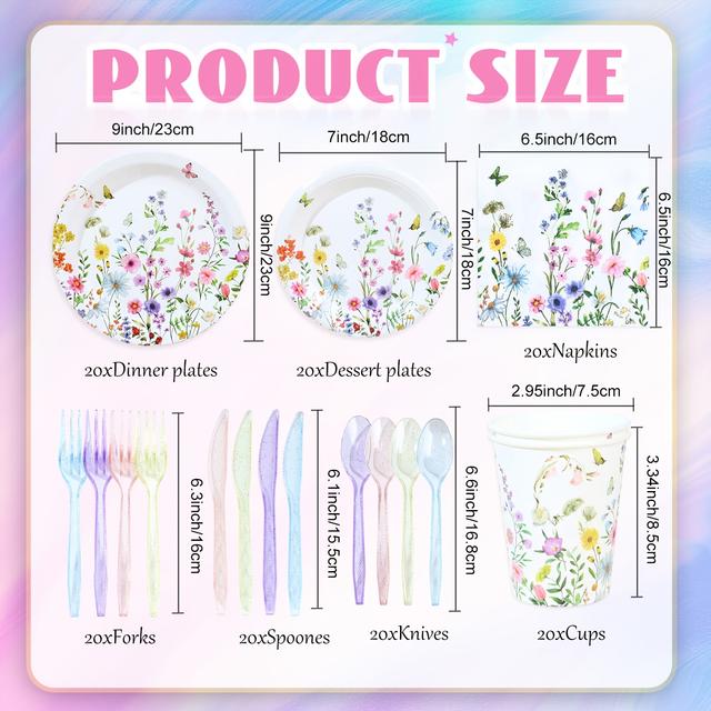 TEMU 140pcs Princess Floral Themed Disposable Party Supplies Set | Heavy-duty Paper Plates, 4-color Cutlery | Serves 20 Guests | Ideal For Princess, Outdoor & Birthday Parties