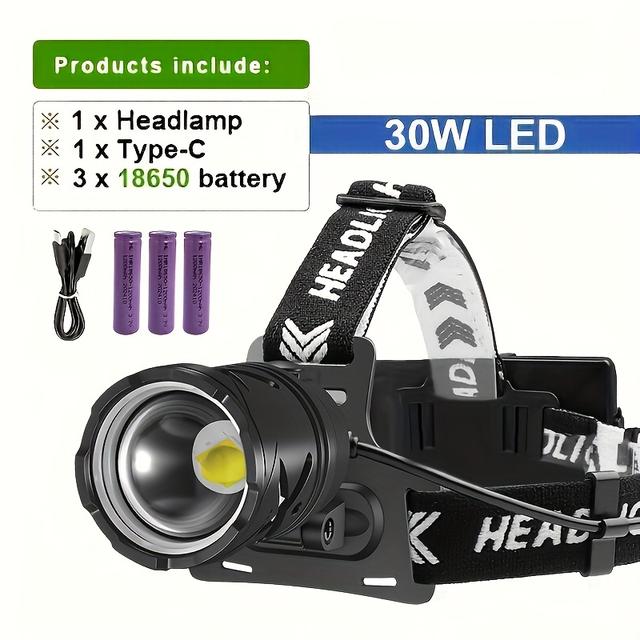TEMU Linterna Frontal LED Ultra de 30W - , Recargable, Equipada con Puerto Tipo-C, Batería de Larga Duración, Ideal para Trabajo al ,