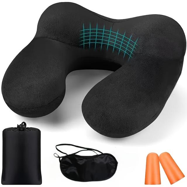 TEMU 1pc Ergonomic Inflatable Travel Pillow With Earplugs - Soft Velvet Neck Support, Suitable For Airplane, Car, Office And Camping, Sleeping Rest Pillow