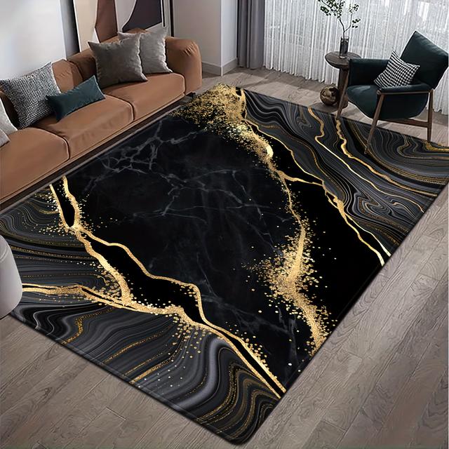 TEMU 1 Stück Schwarz-Gold Marmor Muster Quadratischer Teppich, 1cm dick, Polyesterrücken, Anti-Fade, für Schlafzimmer und Wohnzimmer Dekor, Rechteckige Badematte, 580g/m²