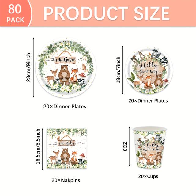 TEMU 80 Stk. Waldtiere Erstgeburtstags-Tischgeschirr Waldthema Duschbedarf Tischgeschirr, Pappteller, Servietten, Dessertteller Waldtiere Einweggeschirr Wild One Geburtstagspartybedarf